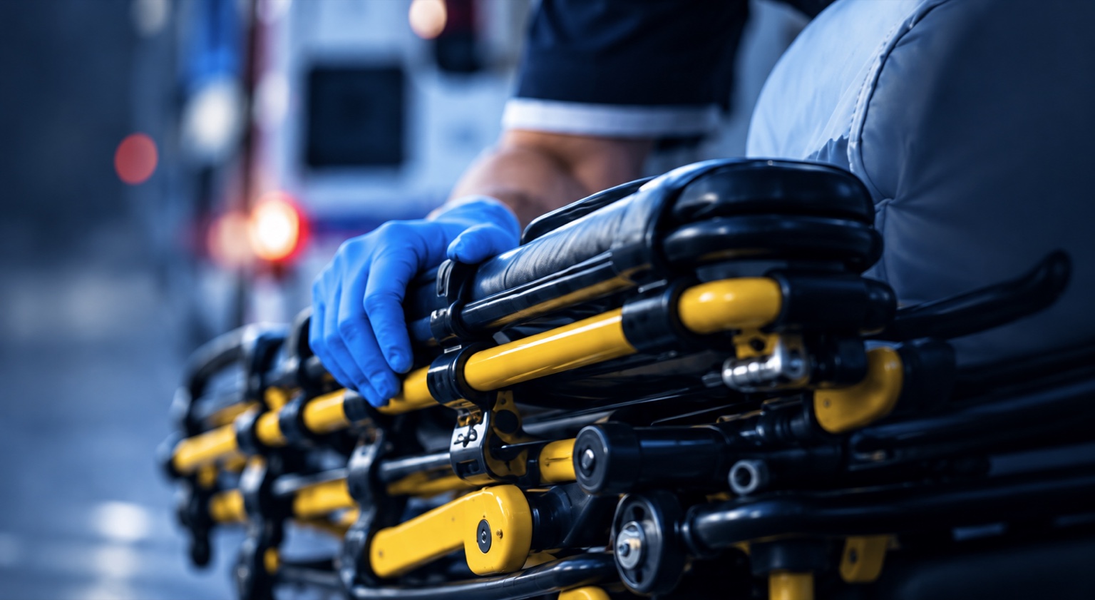 Illustrative close-up of a blue-gloved hand holding a folded ambulance stretcher